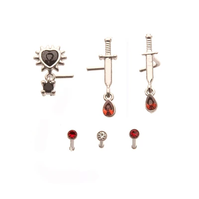 Multi-Pack Dangle Gem Heart Sword L-Bend and Basic Nose Pins 6 Pack - 20 Gauge