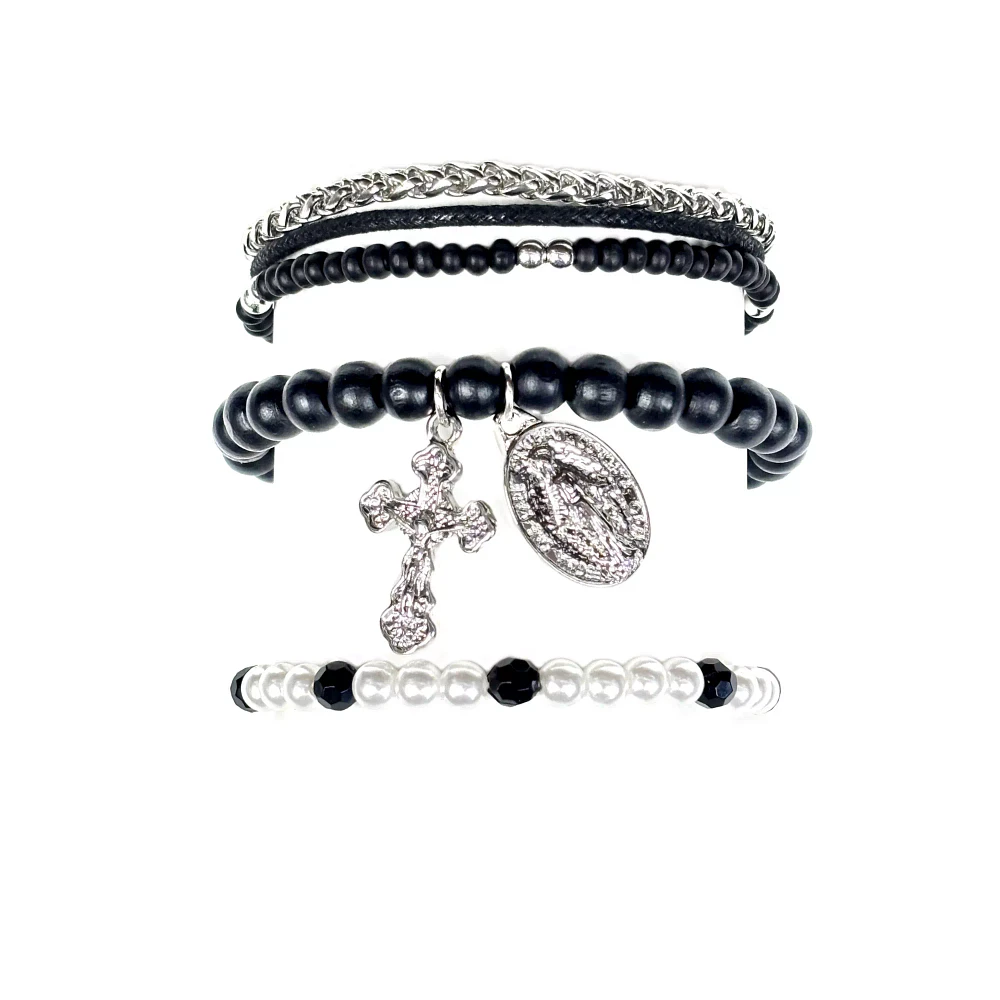 Multi-Pack Pearl-Effect Cross Black Silvertone Bracelets - 3 Pack