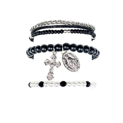 Multi-Pack Pearl-Effect Cross Black Silvertone Bracelets - 3 Pack
