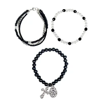 Multi-Pack Pearl-Effect Cross Black Silvertone Bracelets - 3 Pack