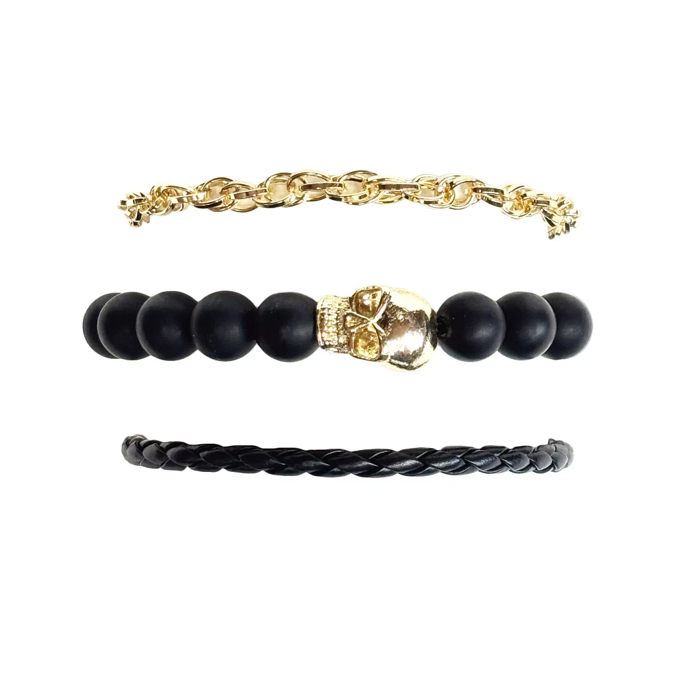 Multi-Pack Black and Goldtone Skull Beaded Cord Bracelets - 3 Pack