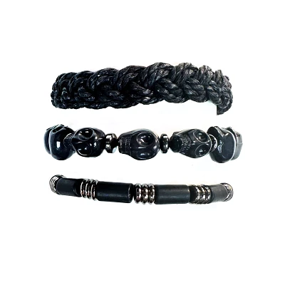 Multi-Pack Black Skull and Braided Bracelets - 3 Pack