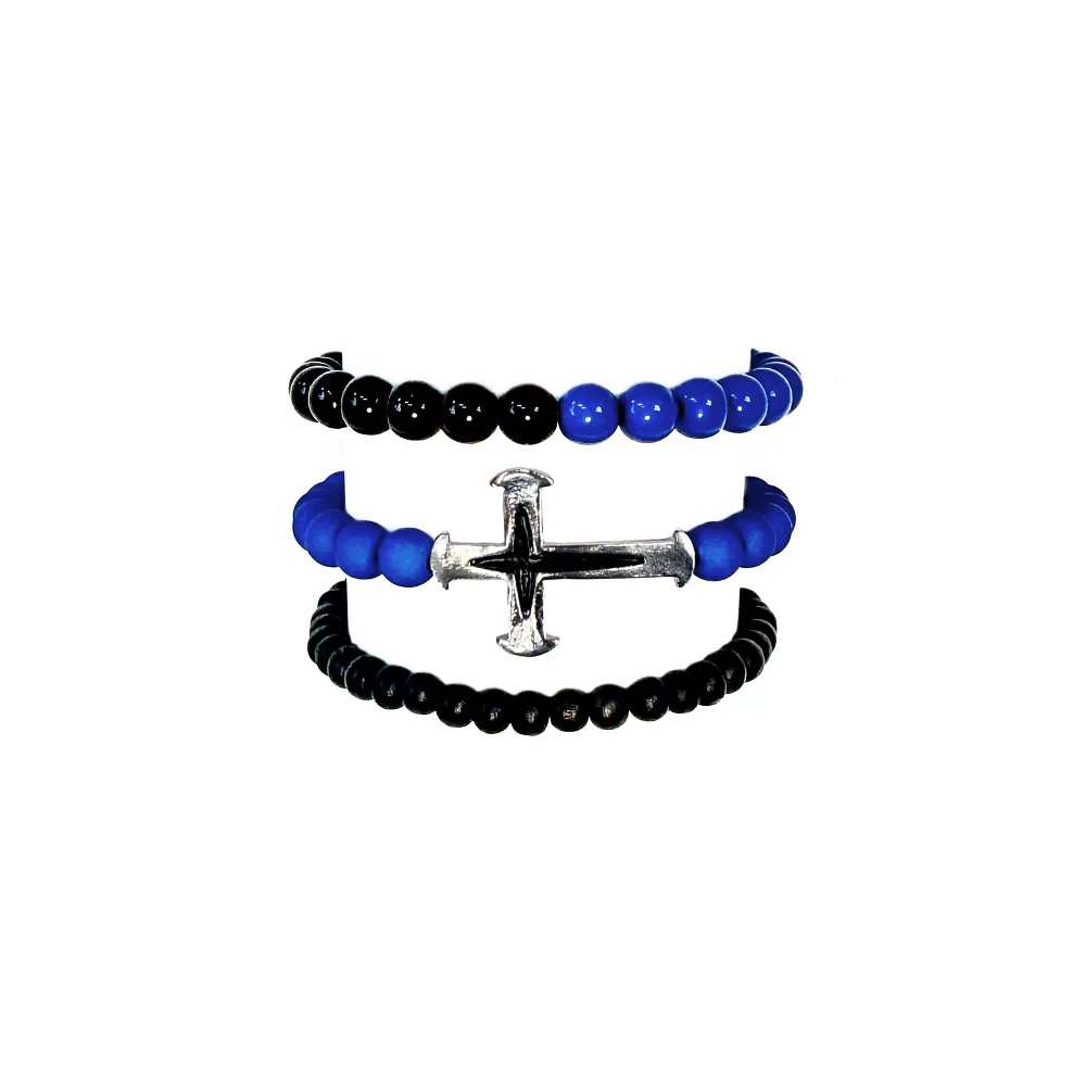 Multi-Pack Blue and Black Beaded and Cross Bracelets - 3 Pack
