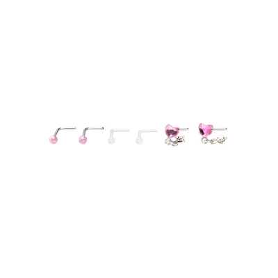 Multi-Pack Heart Dangle L-Bend Nose Pins 6 Pack - 20 Gauge