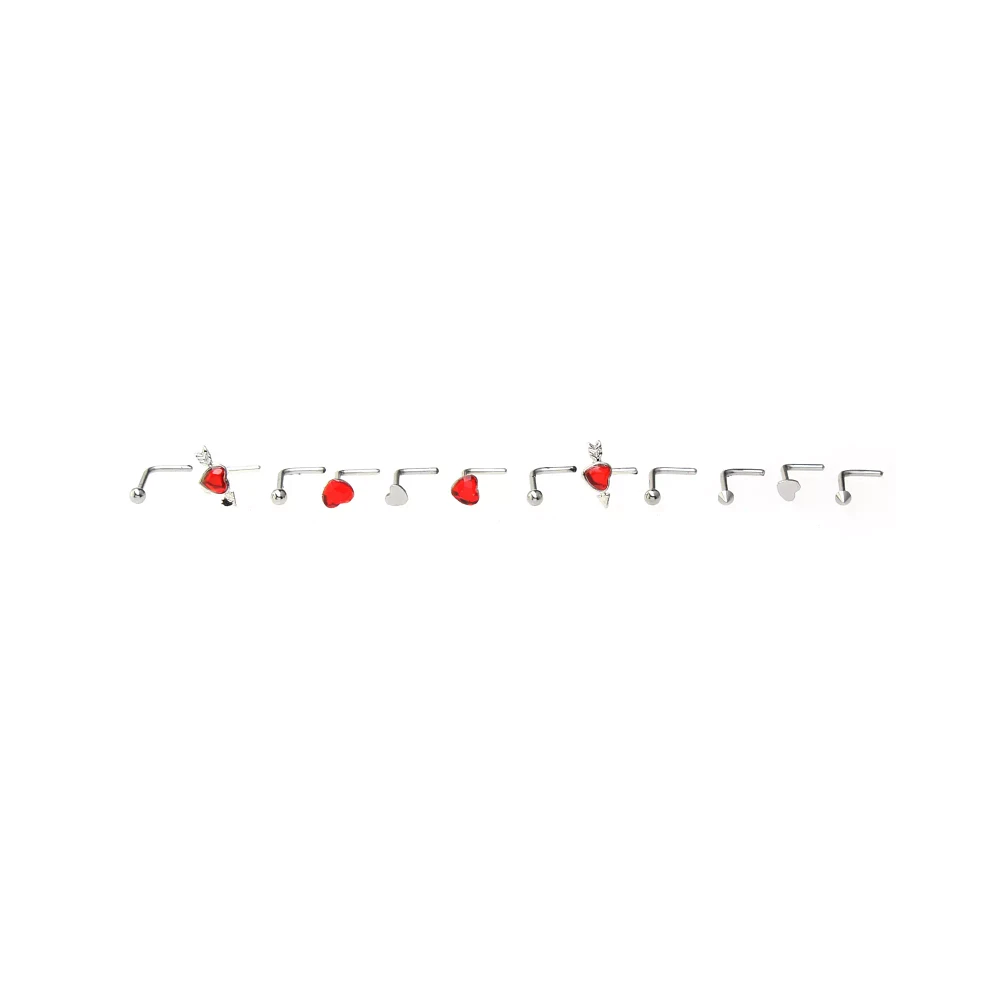 Multi-Pack Red Heart Gem L-Bend Nose Pins 12 Pack - 20 Gauge