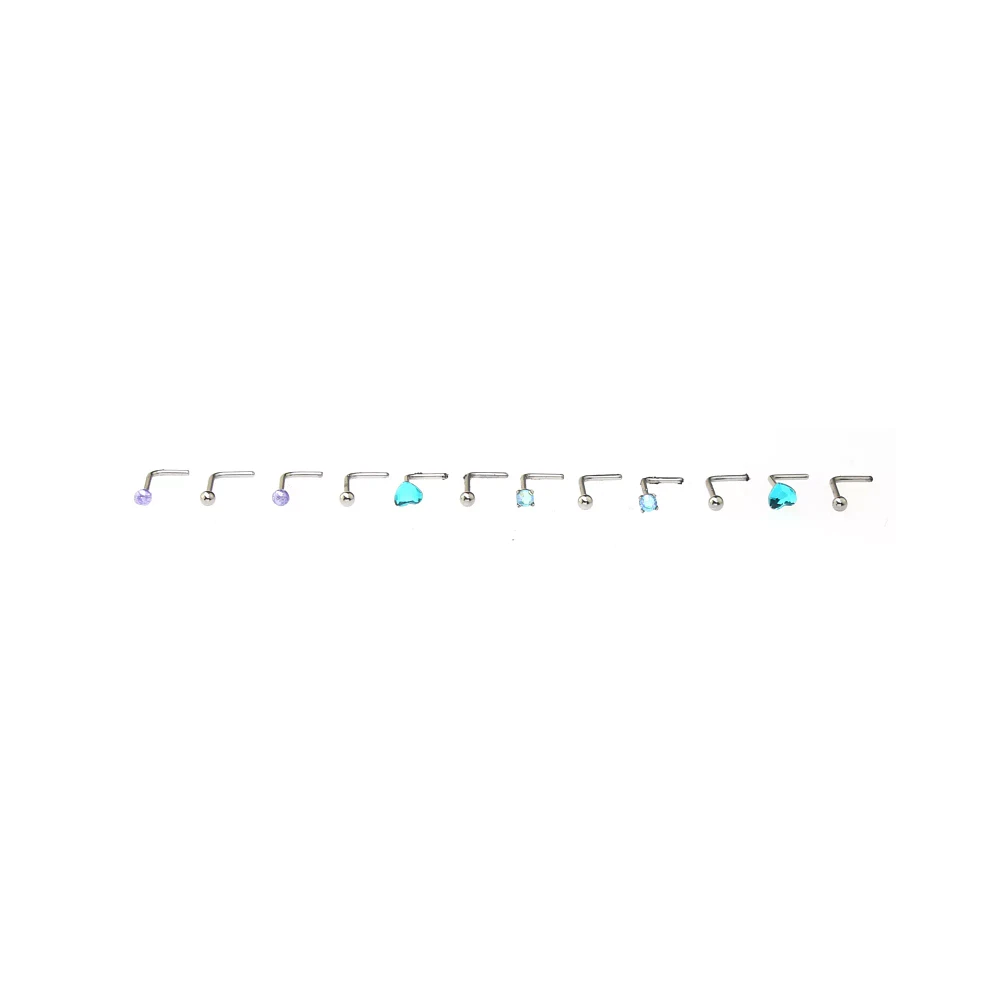 Multi-Pack Teal Heart Gem L-Bend Nose Pins 12 Pack - 20 Gauge