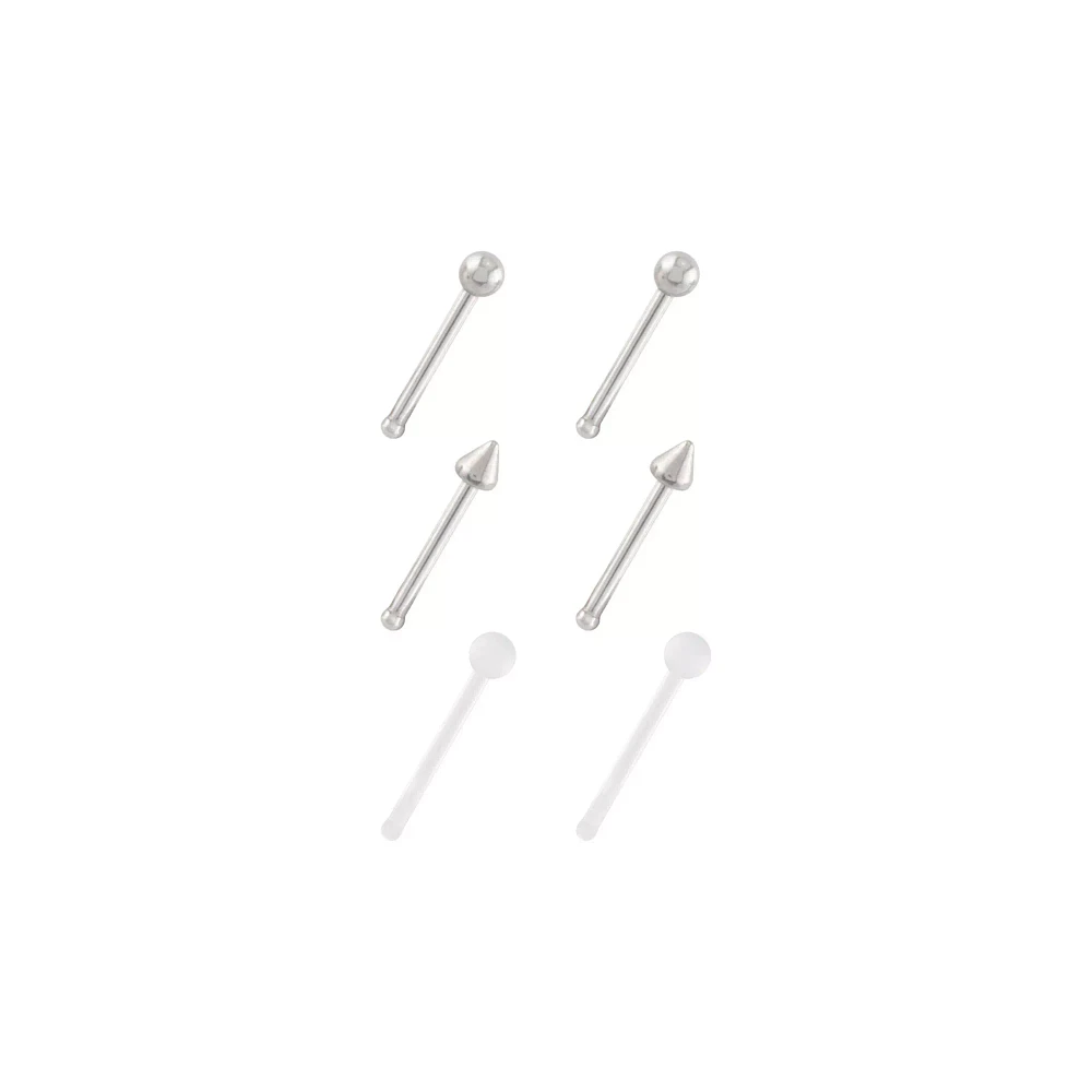 Multi-Pack Silvertone and Acrylic Retainer Nose Pins 6 Pack - 20 Gauge