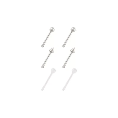 Multi-Pack Silvertone and Acrylic Retainer Nose Pins 6 Pack - 20 Gauge