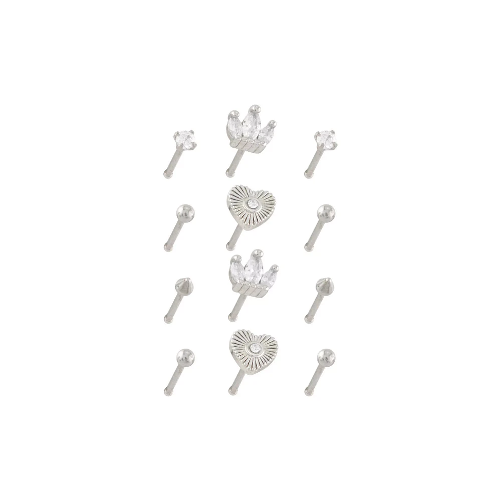 Multi-Pack Heart and Crown Nose Pins 12 Pack - 20 Gauge