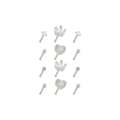 Multi-Pack Heart and Crown Nose Pins 12 Pack - 20 Gauge