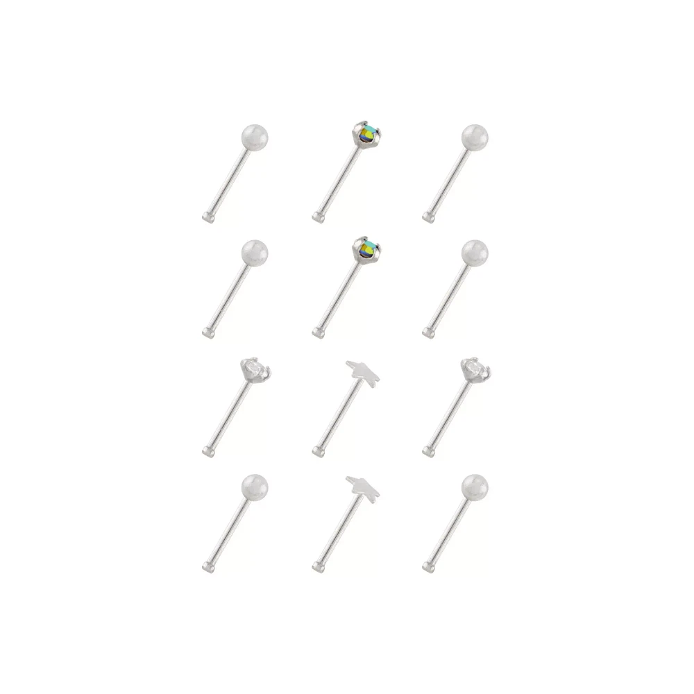 Multi-Pack Silvertone Star Prong Nose Pins 12 Pack - 20 Gauge