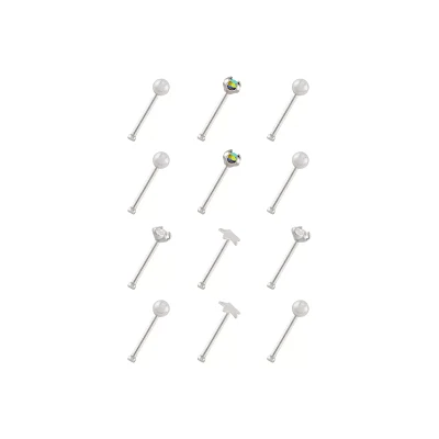 Multi-Pack Silvertone Star Prong Nose Pins 12 Pack - 20 Gauge