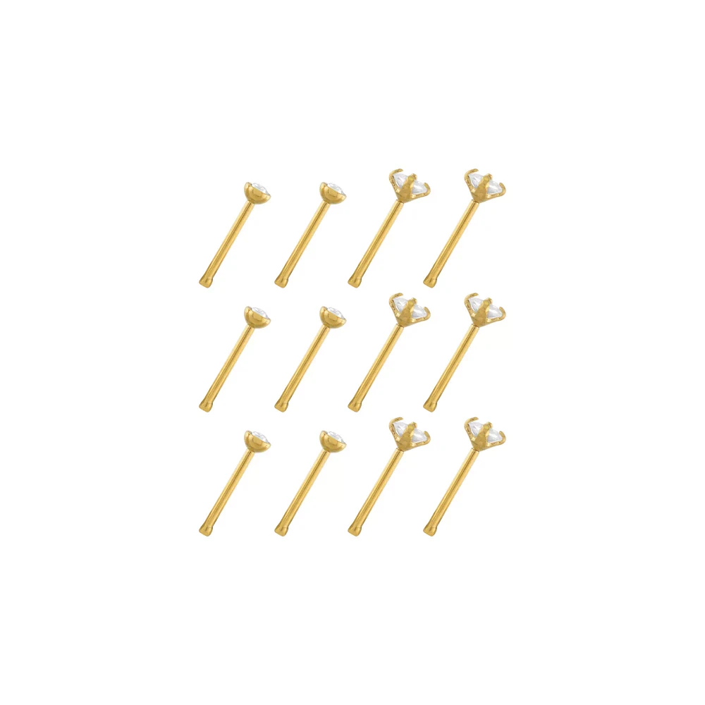 Multi-Pack CZ Titanium Goldtone Round and Sqaure Nose Pins 12 Pack - 20 Gauge