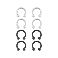 Multi-Pack Silvertone and Black Titanium Horseshoe Rings 8 Pack - 14 Gauge