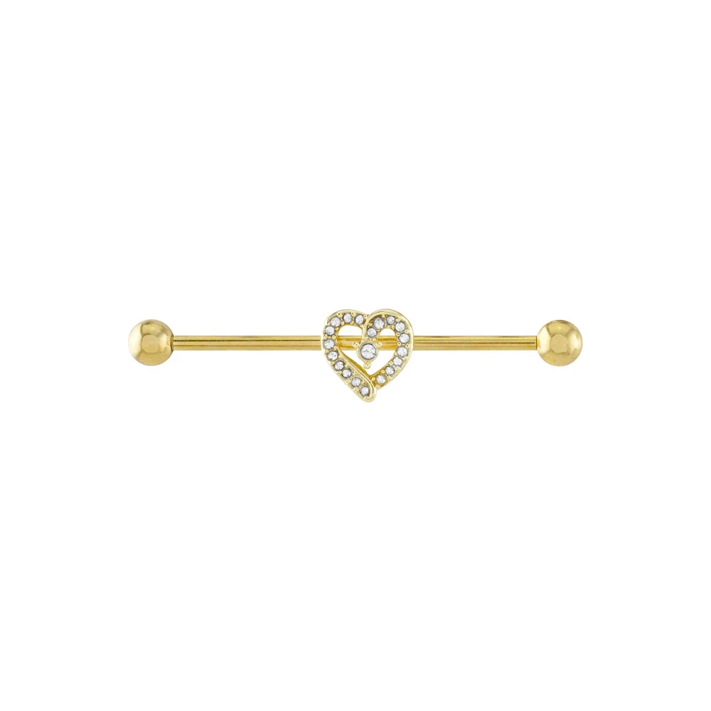 CZ Heart Gold-plated Industrial Barbell - 14 Gauge