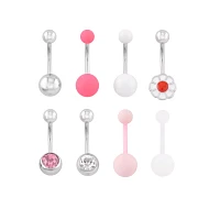 Multi-Pack Pink and White Titanium CZ Daisy Belly Rings 8 Pack - 14 Gauge