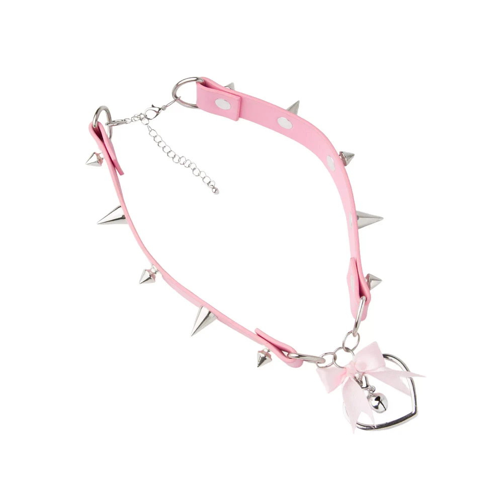 Pink Spiked Heart Bell Choker Necklace