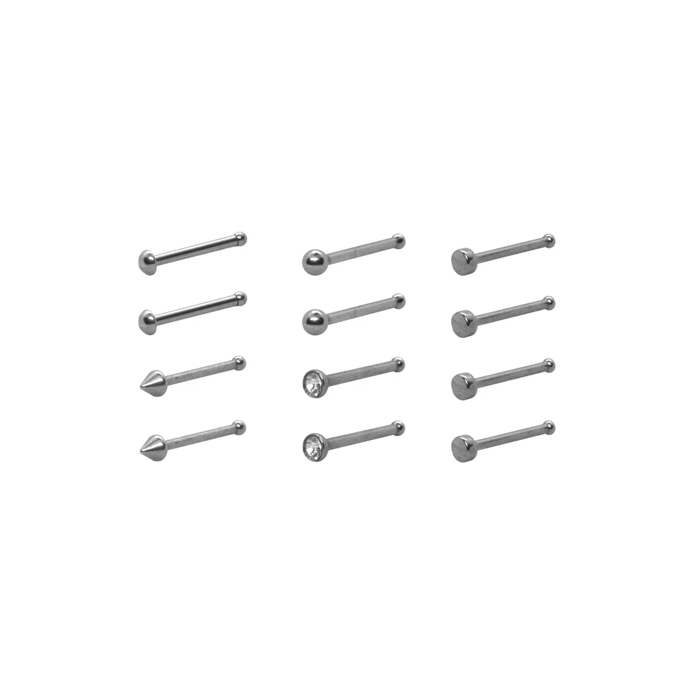 Multi-Pack CZ Round and Pointed Silvertone Pin Nose Rings 12 Pack - 20 Gauge