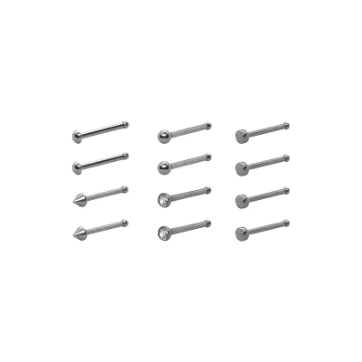 Multi-Pack CZ Round and Pointed Silvertone Pin Nose Rings 12 Pack - 20 Gauge
