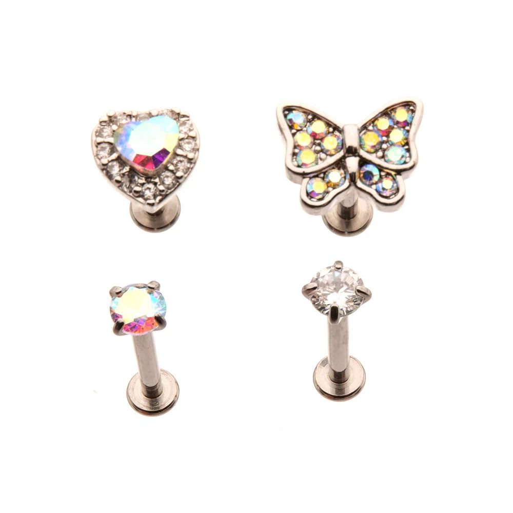 Multi-Pack CZ Butterfly Heart Labret Lip Rings 4 Pack - 16 Gauge