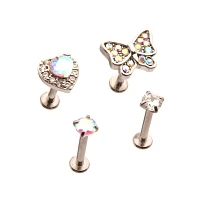 Multi-Pack CZ Butterfly Heart Labret Lip Rings 4 Pack - 16 Gauge