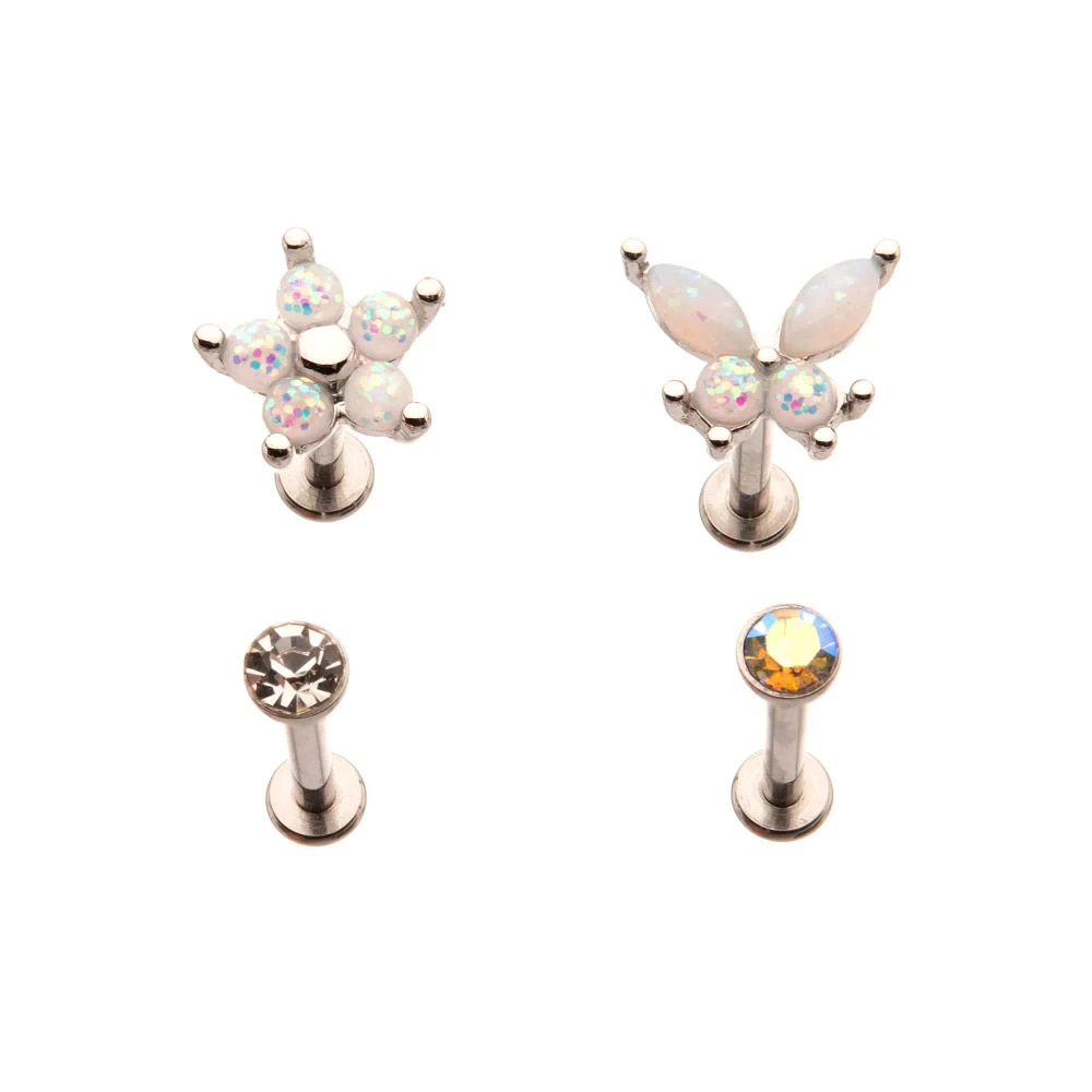 Multi-Pack CZ Butterfly Flower Labret Lip Rings 4 Pack - 16 Gauge