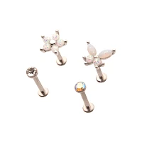 Multi-Pack CZ Butterfly Flower Labret Lip Rings 4 Pack - 16 Gauge