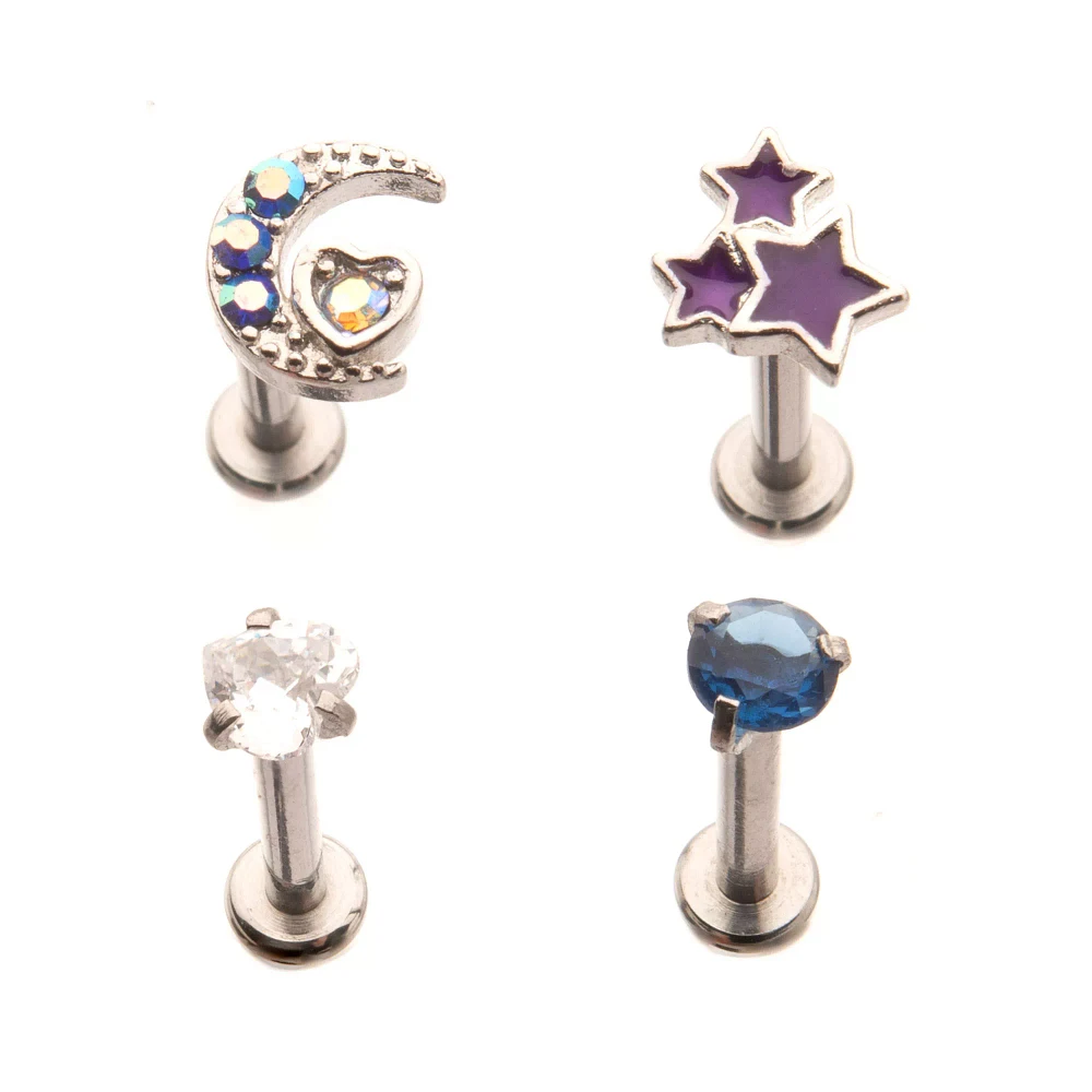 Multi-Pack CZ Moon Stars Labret Lip Rings 4 Pack - 16 Gauge
