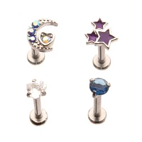 Multi-Pack CZ Moon Stars Labret Lip Rings 4 Pack - 16 Gauge