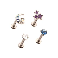 Multi-Pack CZ Moon Stars Labret Lip Rings 4 Pack - 16 Gauge