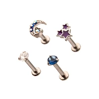Multi-Pack CZ Moon Stars Labret Lip Rings 4 Pack - 16 Gauge
