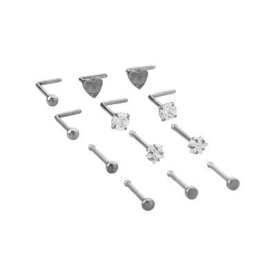 Multi-Pack CZ Star and Heart Titanium L-Bend Nose Rings 12 Pack - 20 Gauge
