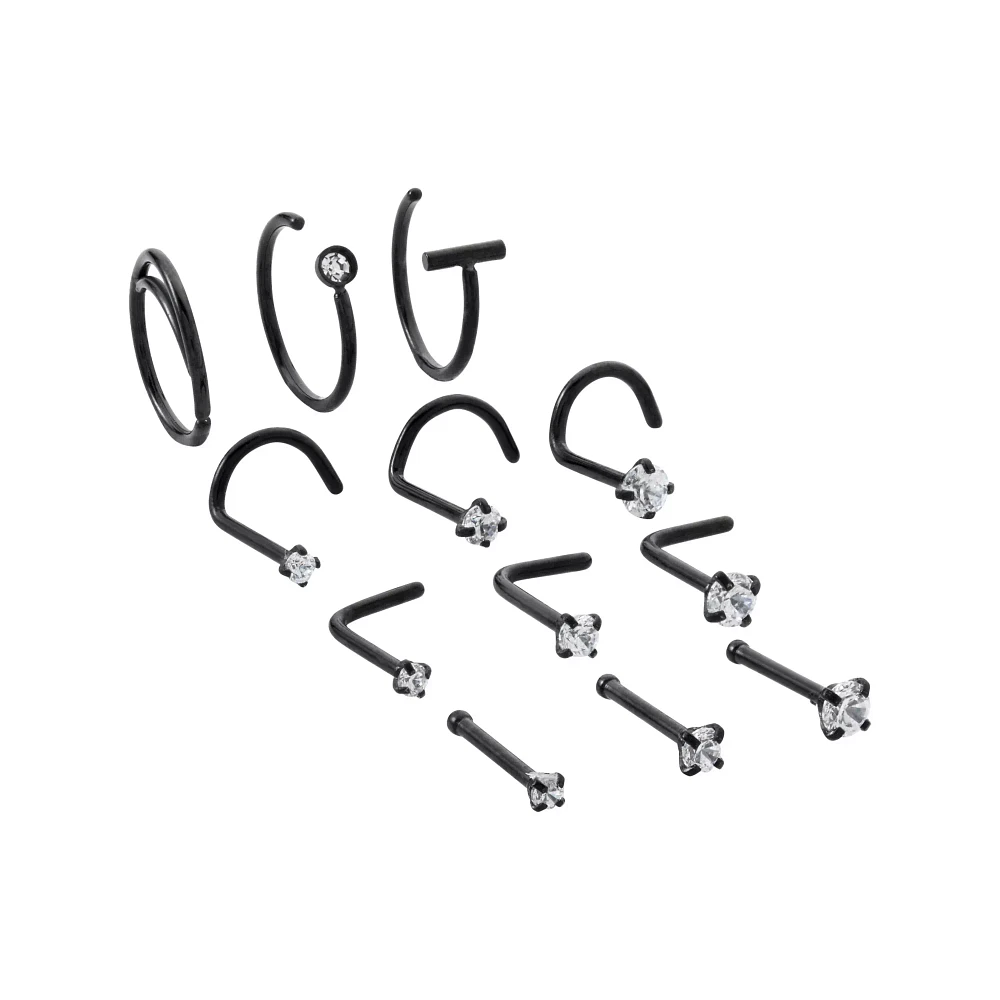 Multi-Pack Black CZ Nose Hoops and Pins 12 Pack - 20 Gauge