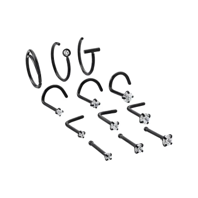 Multi-Pack Black CZ Nose Hoops and Pins 12 Pack - 20 Gauge