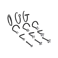 Multi-Pack Black CZ Nose Hoops and Pins 12 Pack - 20 Gauge