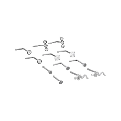 Multi-Pack CZ Snake Titanium Bone Nose Rings and L-Bend Nose Rings 12 Pack - 20 Gauge