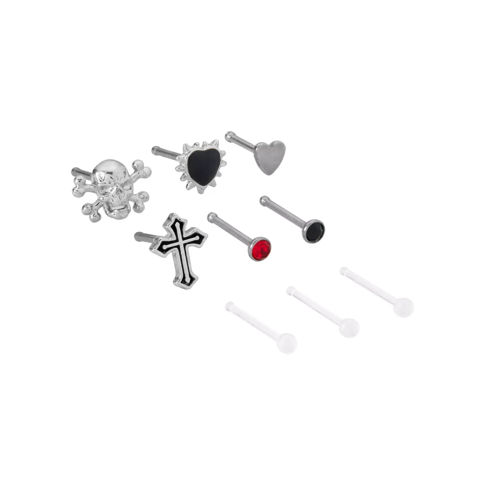 Multi-Pack Titanium CZ Skull Cross and Heart Nose Pins 9 Pack - 20 Gauge