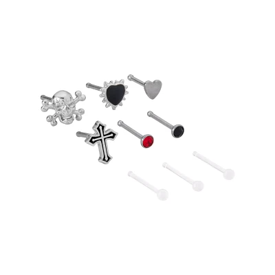 Multi-Pack Titanium CZ Skull Cross and Heart Nose Pins 9 Pack - 20 Gauge