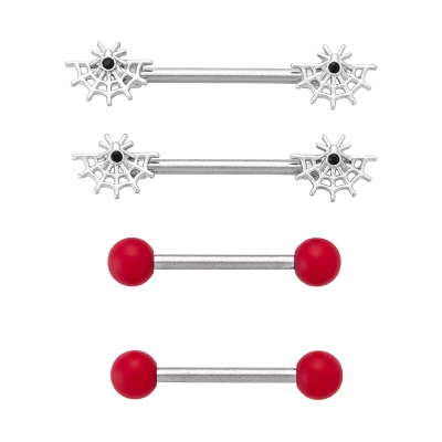 Multi-Pack Spider Web and Red Tipped Nipple Barbells 2 Pair - 14 Gauge
