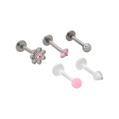 Multi-Pack Pink Flower Labret Lip Rings 5 Pack - 16 Gauge