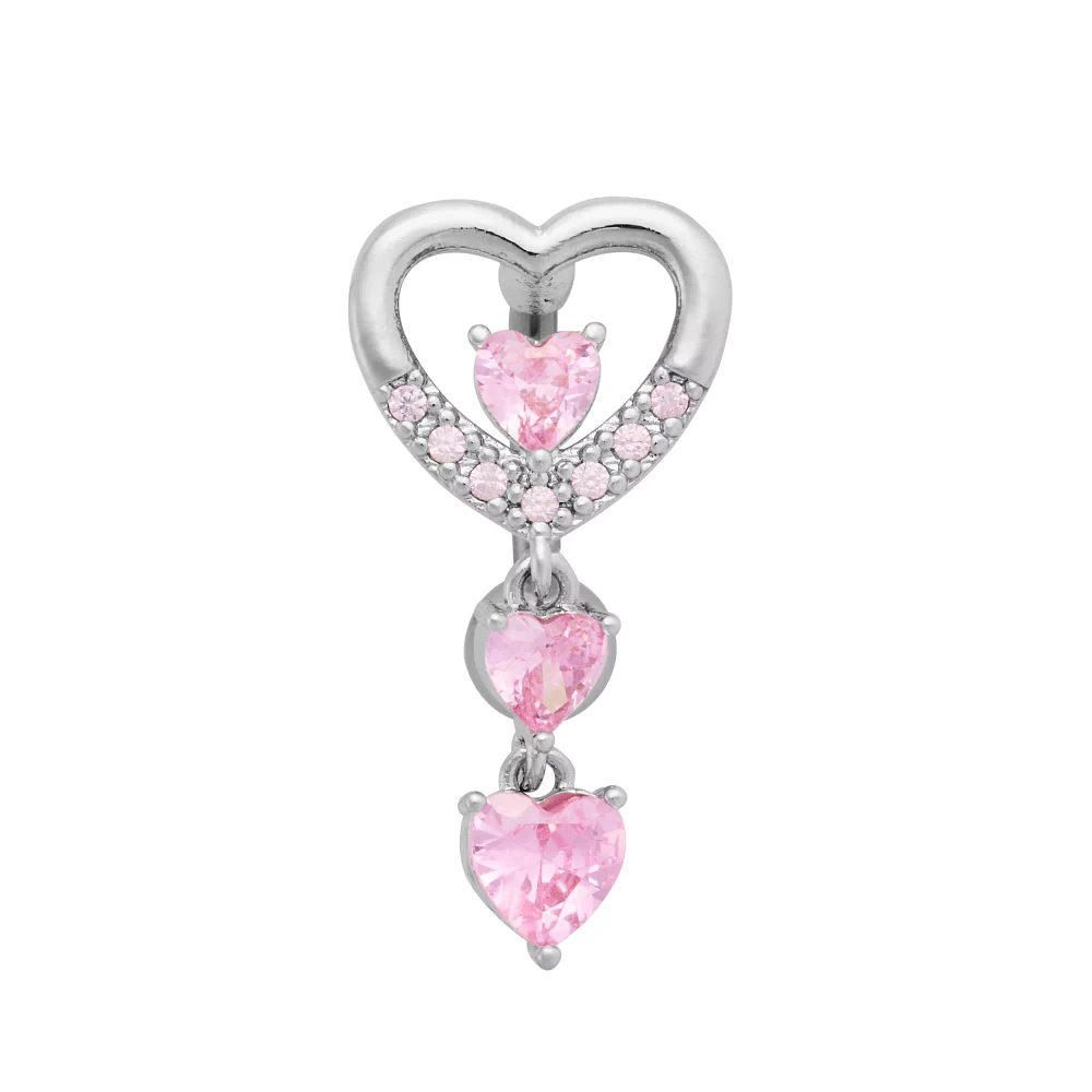 Triple Pink CZ Heart Titanium Dangle Belly Ring - 14 Gauge