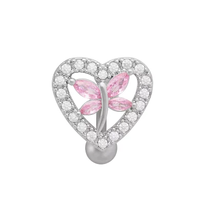 Pink CZ Heart Butterfly Titanium Belly Ring - 14 Gauge