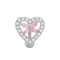 Pink CZ Heart Butterfly Titanium Belly Ring - 14 Gauge