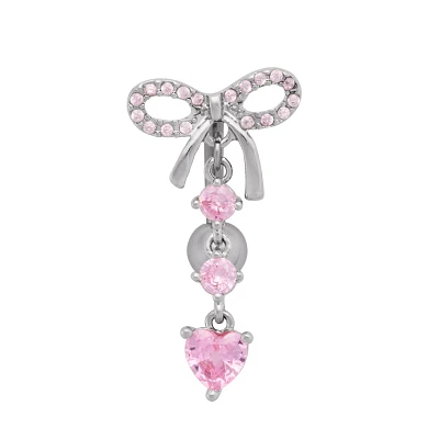 Pink CZ Bow and Heart Titanium Dangle Belly Ring - 14 Gauge