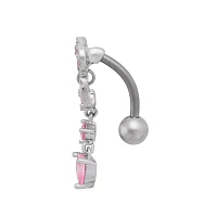 Pink CZ Bow and Heart Titanium Dangle Belly Ring - 14 Gauge