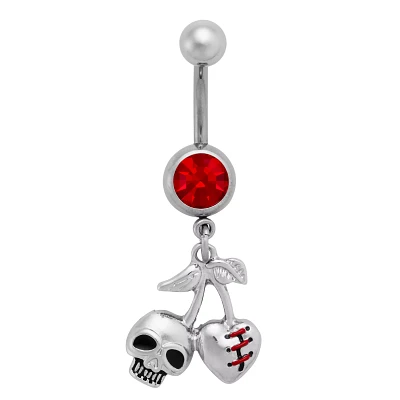 Red CZ Cherry Skull Titanium Dangle Belly Ring - 14 Gauge
