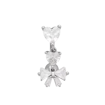 Double CZ Heart and Bow Titanium Dangle Belly Ring - 14 Gauge