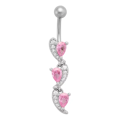 Triple Pink CZ Heart Slices Dangle Belly Ring - 14 Gauge