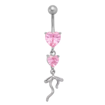 Double Pink CZ Heart and Bow Dangle Belly Ring - 14 Gauge