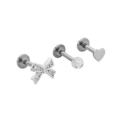 Multi-Pack CZ Bow and Heart Titanium Cartilage Barbells 3 Pack - 16 Gauge